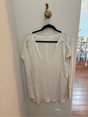 Free People Cream V-Neck Thermal Long Sleeve Top